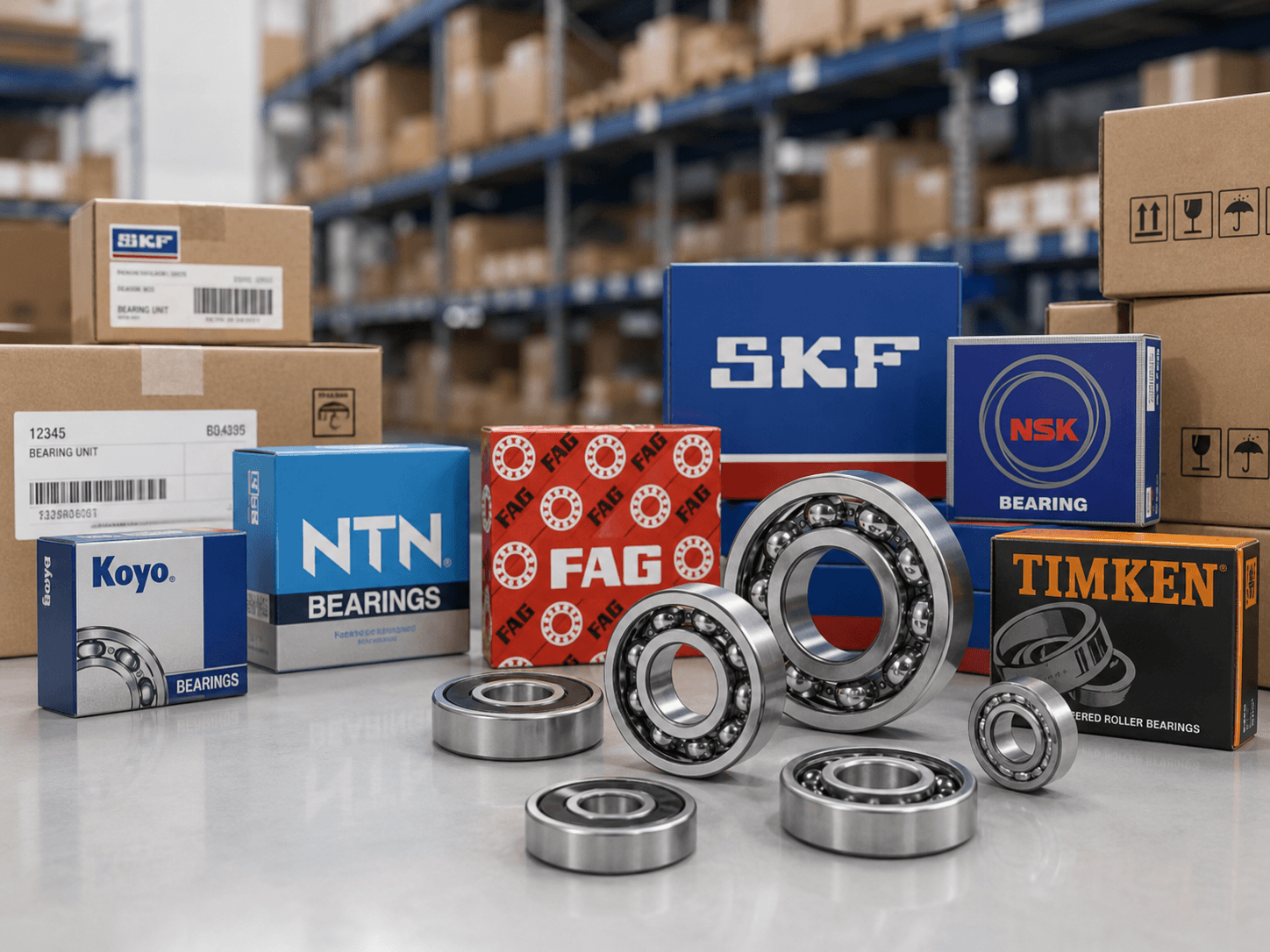 ASL Rulman deposunda raflarda dizili SKF, FAG, NSK, NTN, Timken ve Koyo rulman kutuları